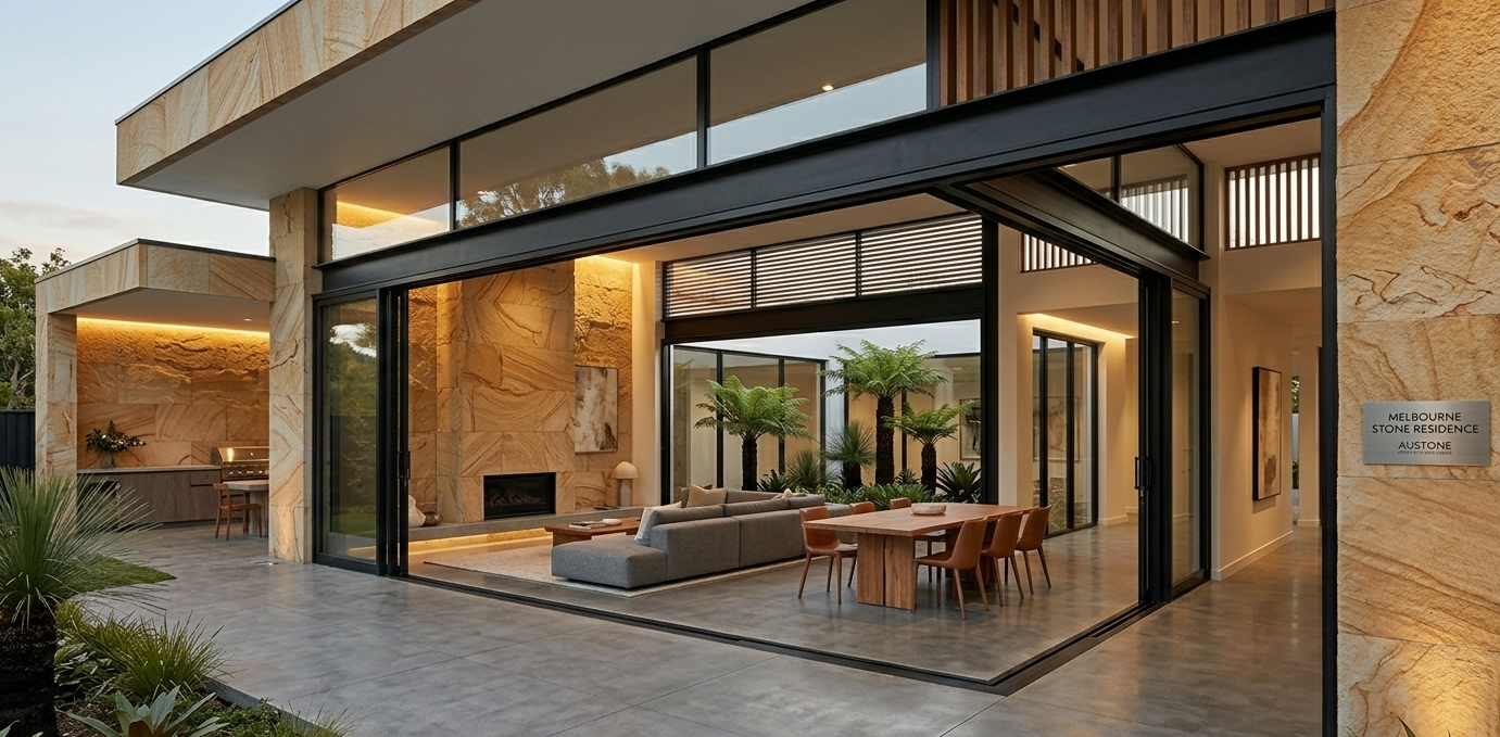 Modern Australian home featuring interior and exterior stone cladding architectural design