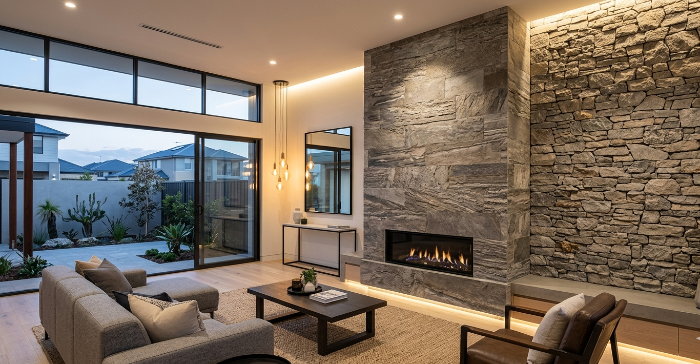 Modern living room with stone fireplace and large windows overlooking a garden.

