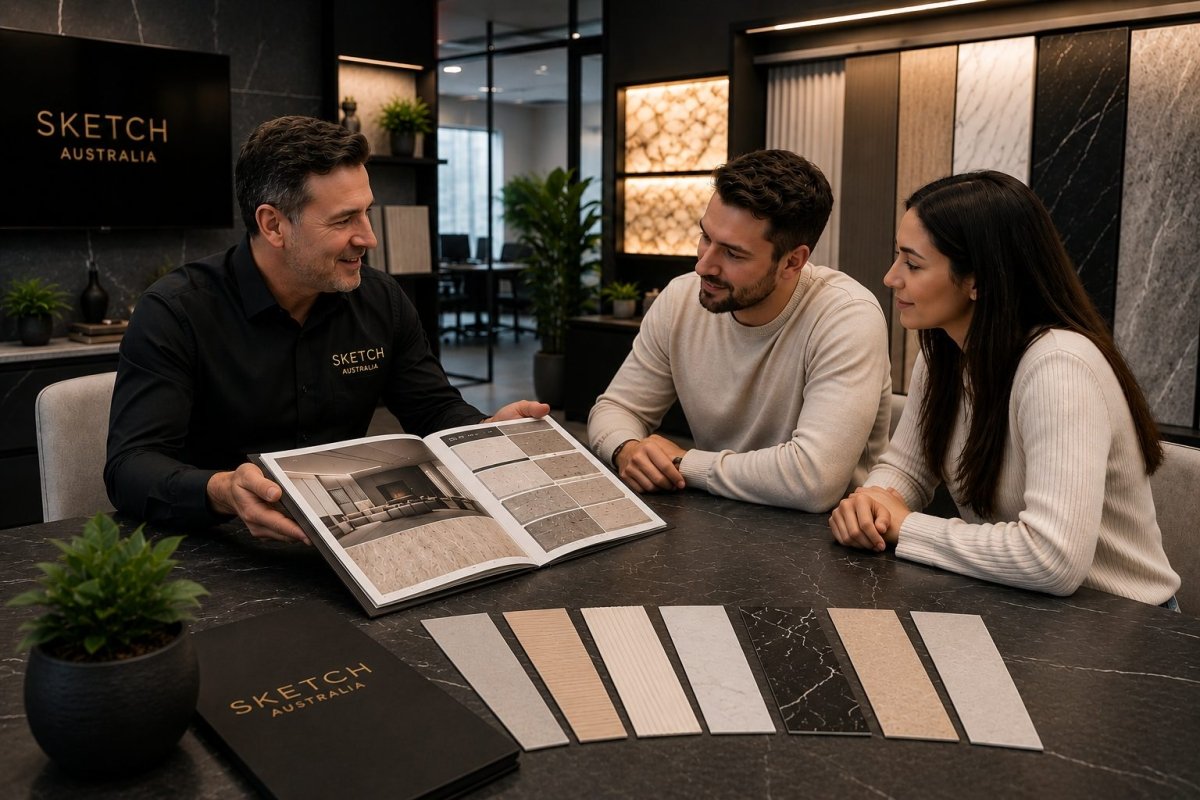 Sketch Australia consultant helping customers choose finishes in the showroom