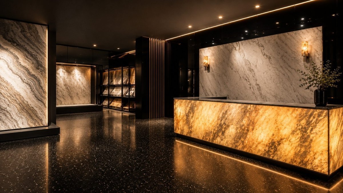 Sketch Australia showroom interior with a backlit onyx desk and stone feature walls